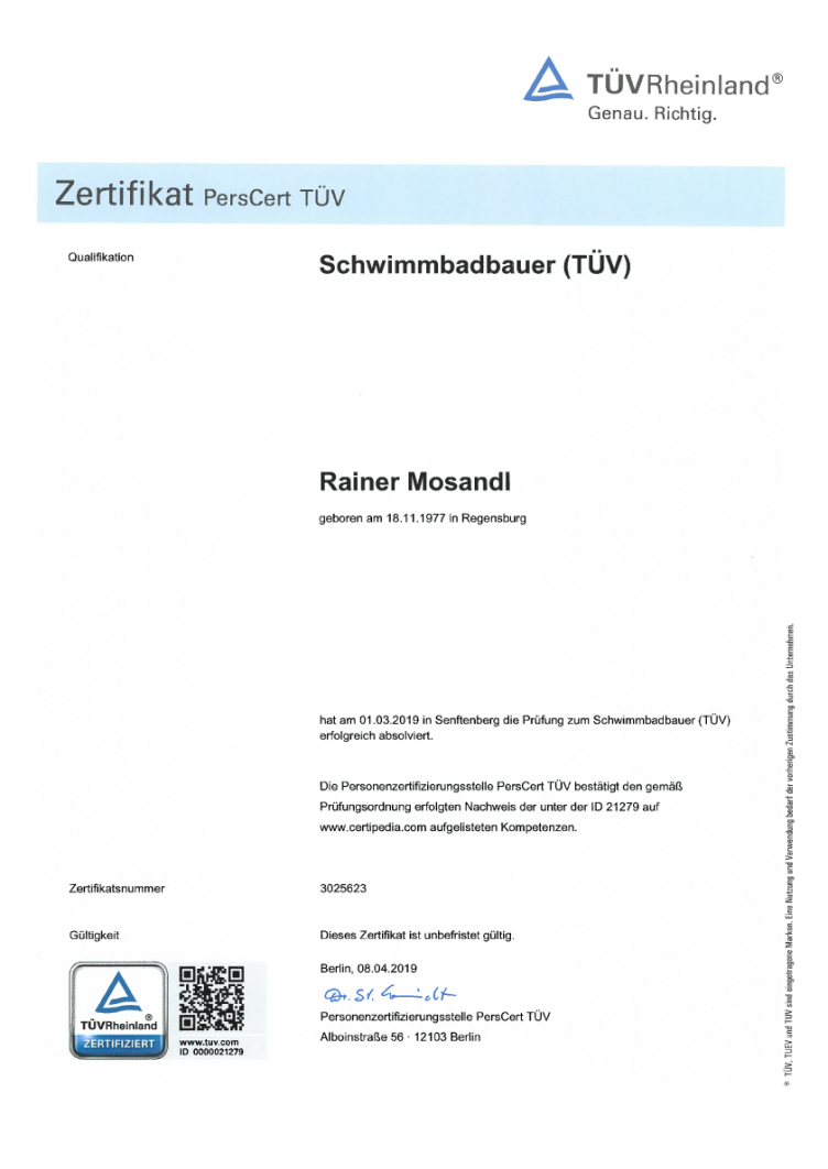 Tuev Rheinland Zertifikat Schwimmbadbauer 08 04 19